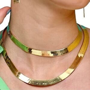 Gold Multilayer Herringbone Necklace, Choker, 8mm & 10mm Width, Men Women